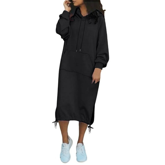 Dpytoraw Women's Casual Loose Solid Color Drawstring Hoodie Fall Warm Fleece Sweatshirt Maxi Dress With Pocket Women’s Ruffled Tiered Midi Dress