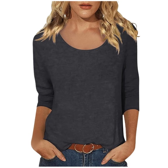 Dpytoraw Women's Casual Solid Color Print Scoop Neck Low Cut 3/4 Sleeve T Shirt Top