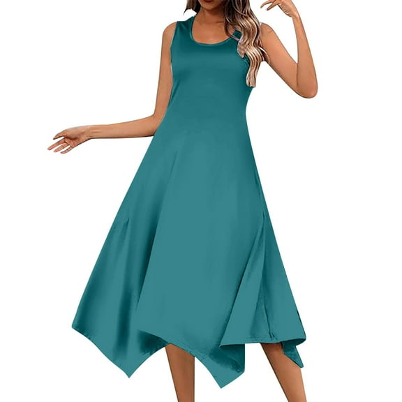 Dpytoraw Women's Casual Summer Dress Sleeveless Handkerchief Hem Long Tank Dress Beach Dress With Pockets Women’s Vacation Tropical Print Dresses