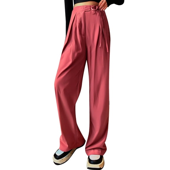 Dpytoraw Women's Casual Tie Side High Waist Wide Leg Palazzo Pants With Pockets Wide Leg Casual Pants Red XXL