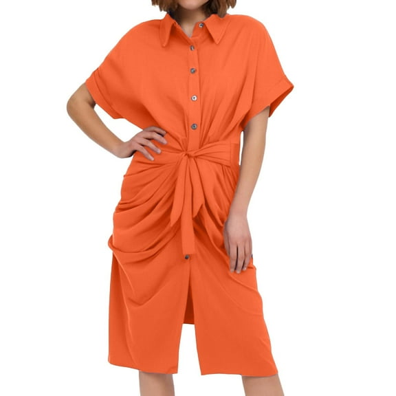 Dpytoraw Women's Causal Ruched Shirt Dress Long Sleeve Button Belted Style Long Dress Women’s Sustainable Organic Cotton Dresses