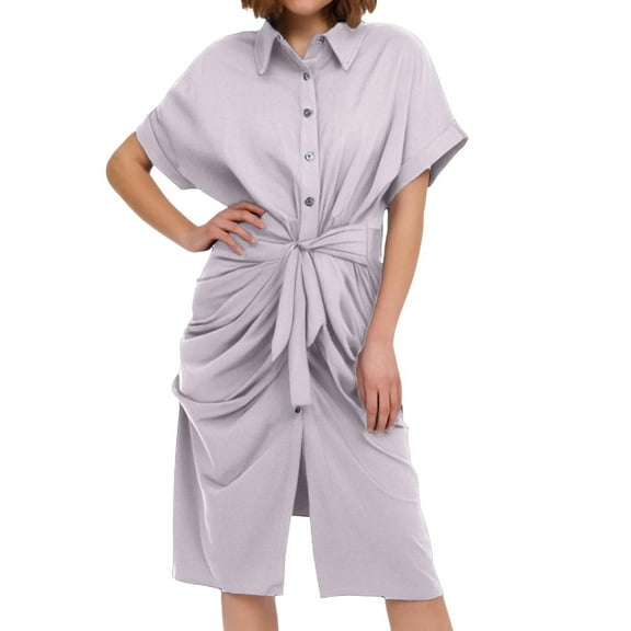 Dpytoraw Women's Causal Ruched Shirt Dress Long Sleeve Button Belted Style Long Dress Women’s Sustainable Organic Cotton Dresses