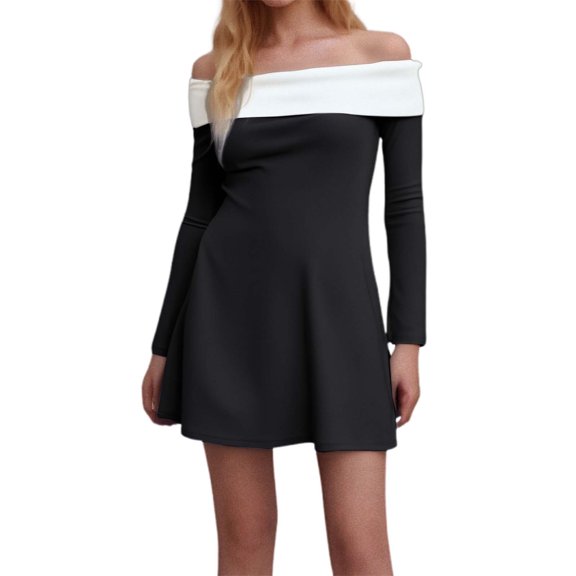 Dpytoraw Women's Color Block Layered Long Sleeve Dress Slim Fit Strapless Design For Mini Dresses for Women
