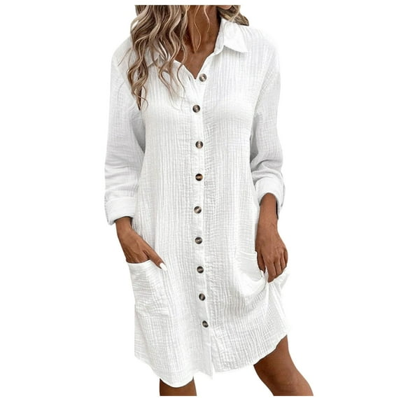 Dpytoraw Women's Comfortable New Casual Solid Color Button Mid Length Long Sleeve Loose Shirt Casual Dress