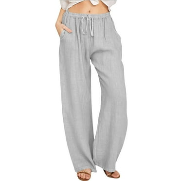 Dpytoraw Women's Cotton Linen Pants Elastic High Waist Drawstring Wide Leg Palazzo Yoga Trousers Grey