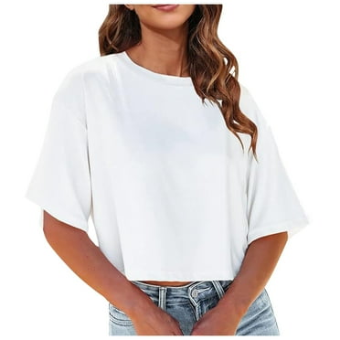 Dpytoraw Women's Crew Neck Cropped T Shirts Short Sleeve Loose Shoulder Crop Tee Tops