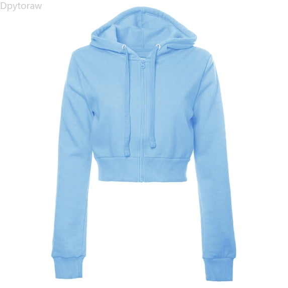 Dpytoraw Women's Cropped Zip Hoodie, Solid Long Sleeve Jacket for Casual Blue XL