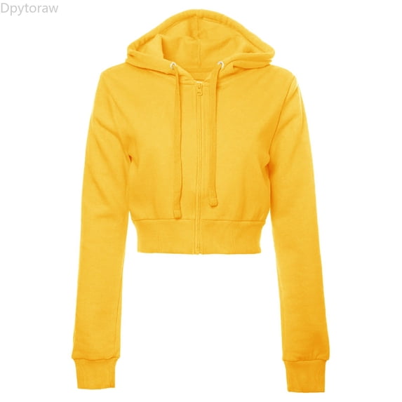 Dpytoraw Women's Cropped Zip Hoodie, Solid Long Sleeve Jacket for Casual Yellow L