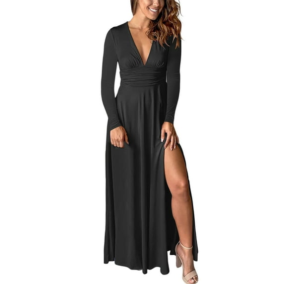 Dpytoraw Women's Deep V Neck Long Sleeve Long Dresses Pleated High Waist Slit Club Party Evening Maxi Dress Black L