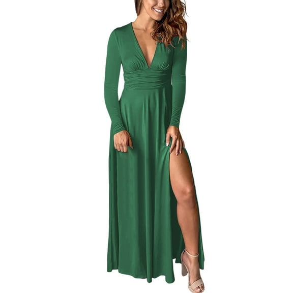 Dpytoraw Women's Deep V Neck Long Sleeve Long Dresses Pleated High Waist Slit Club Party Evening Maxi Dress Green M