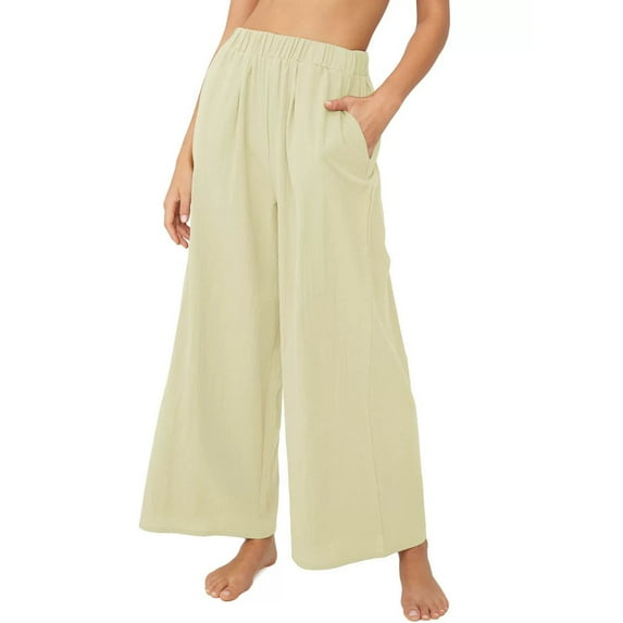 Dpytoraw Women's Elastic High Waist Wide Leg Pants Casual Yoga Beach Trousers With Pockets Women's Wrinkle-Resistant Office Casual Pants Beige L