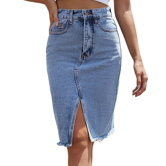 Dpytoraw Women's European And American High Waist Autumn Mid Length Package Slit Denim Skirt Blue L