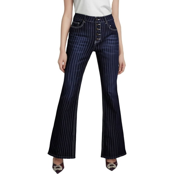 Dpytoraw Women's Fashion Casual Outdoor Mid Waist Striped Thin Furred Flare Jeans Stretch Twill Straight Leg Casual Pants Blue XS