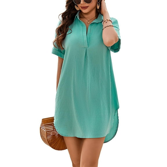 Dpytoraw Women's Fashion Casual Solid Color Stand Collar Round Hem Dress Women’s Vacation Tropical Print Dresses