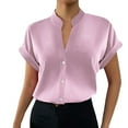 thumbnail image 1 of Dpytoraw Women's Fashion Simple V Neck Solid Button Short Sleeve Shirt, 1 of 5