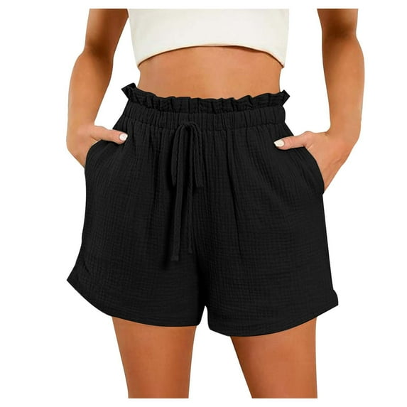 Dpytoraw Women's Fashion Spring And Summer Solid Color High Waist Pocket Loose Wide Leg Beach Shorts Black