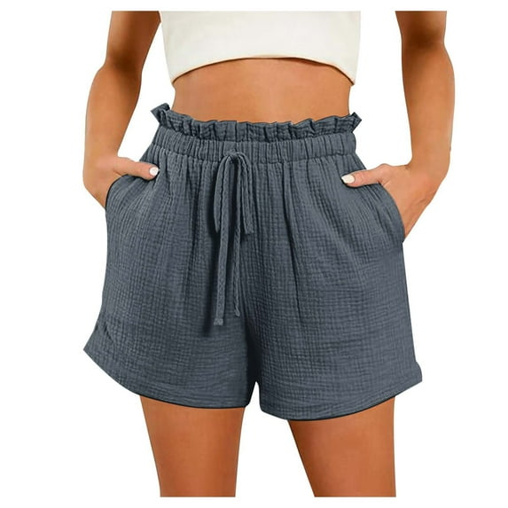 Dpytoraw Women's Fashion Spring And Summer Solid Color High Waist Pocket Loose Wide Leg Beach Shorts Dark Gray