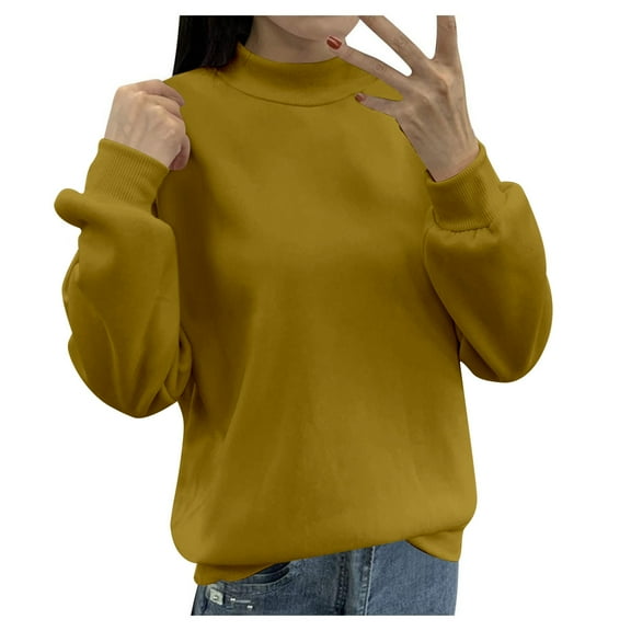 Dpytoraw Women's Fleece Lined Small Turtleneck Loose Casual Long Sleeve Crew Neck Sweatshirt Solid Color Hoodless Pullover