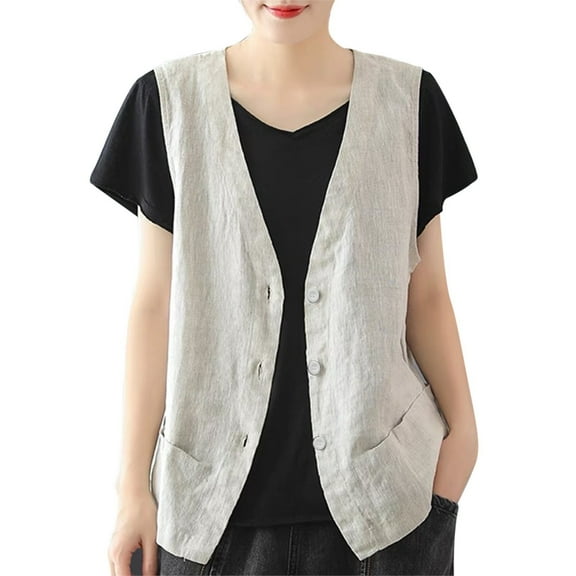 Dpytoraw Women's Linen Vest Casual Sleeveless Cardigans Jacket Loose And Thin Casual Vest Top