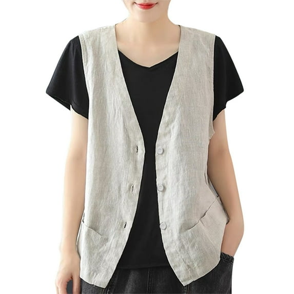 Dpytoraw Women's Linen Vest Casual Sleeveless Cardigans Jacket Loose And Thin Casual Vest Top