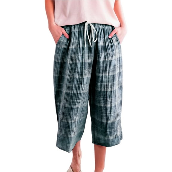 Dpytoraw Women's Loose Summer Capri Pants Japanese Plaid Lightweight Washable Soft Fabric Casual Trousers Pull-On Casual Pants Women Dark Green L