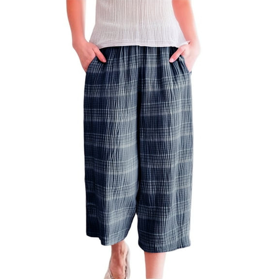 Dpytoraw Women's Loose Summer Capri Pants Japanese Plaid Lightweight Washable Soft Fabric Casual Trousers Pull-On Casual Pants Women Navy L
