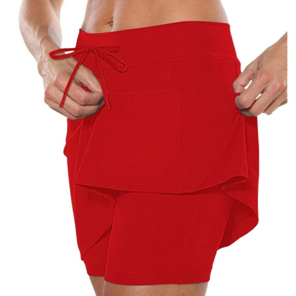 Dpytoraw Women's Mid Waist Drawstring Pocket Casual Sports Skirt Pants Two Piece Set Stretchy Denim Skirt with Pockets Red