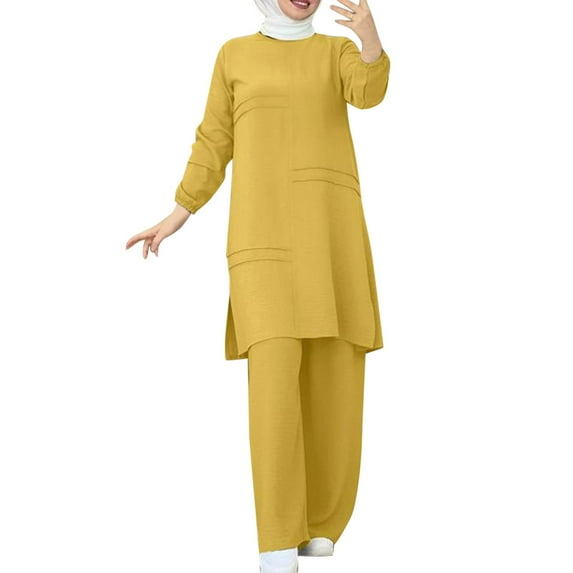 Dpytoraw Women's Muslim 2 Pieces Sets Long Sleeve Button Down Shirt And Pants Abaya Casual Dress Dubai Outfits Yellow S