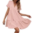 thumbnail image 1 of Dpytoraw Women's Ruffles Fresh And Sweet V Neck Solid Color Large Swing Casual Skirt Dress, 1 of 4