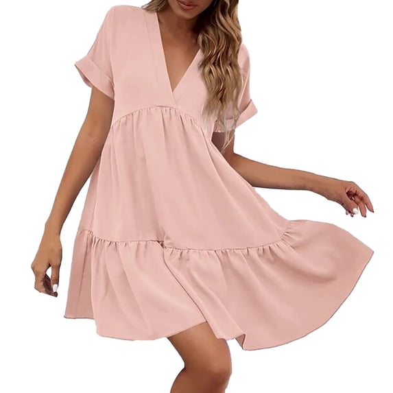 Dpytoraw Women's Ruffles Fresh And Sweet V Neck Solid Color Large Swing Casual Skirt Dress