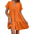 thumbnail image 1 of Dpytoraw Women's Ruffles Fresh And Sweet V Neck Solid Color Large Swing Casual Skirt Dress, 1 of 3