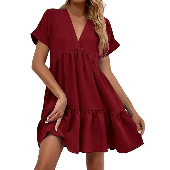 Dpytoraw Women's Ruffles Fresh And Sweet V Neck Solid Color Large Swing Casual Skirt Dress