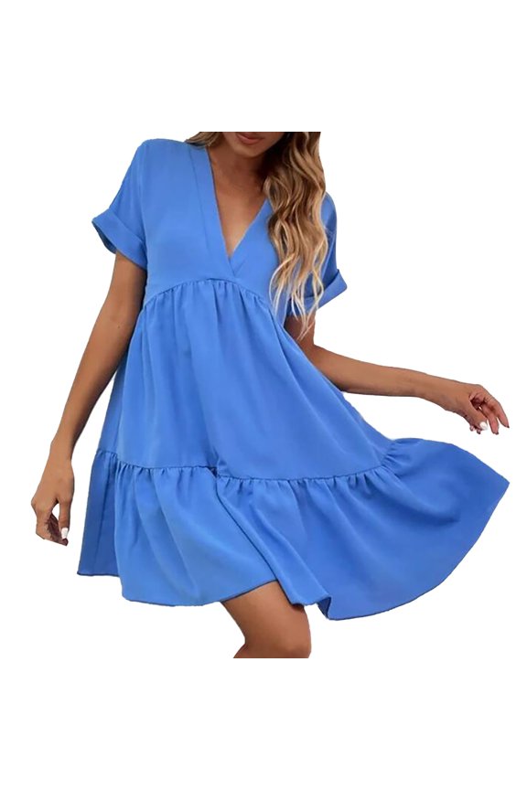 Women's Ruffles Fresh And Sweet V Neck Solid Color Large Swing Casual Skirt Dress