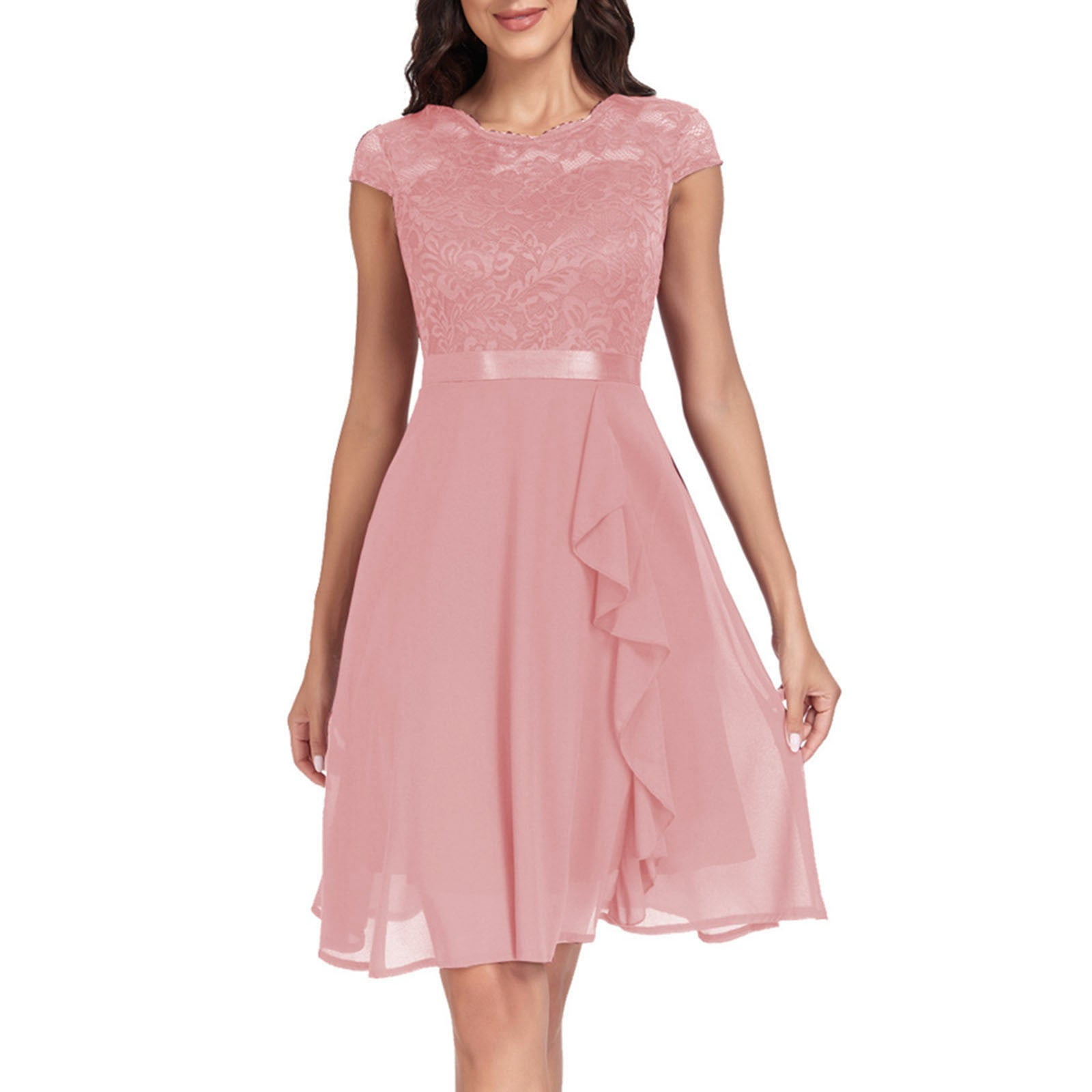 Dpytoraw Women's Short Sleeve Bridal Friend Dress For Wedding Lace Chiffon Mid Length Formal Evening Dress Pink XXL, Size: 2XL