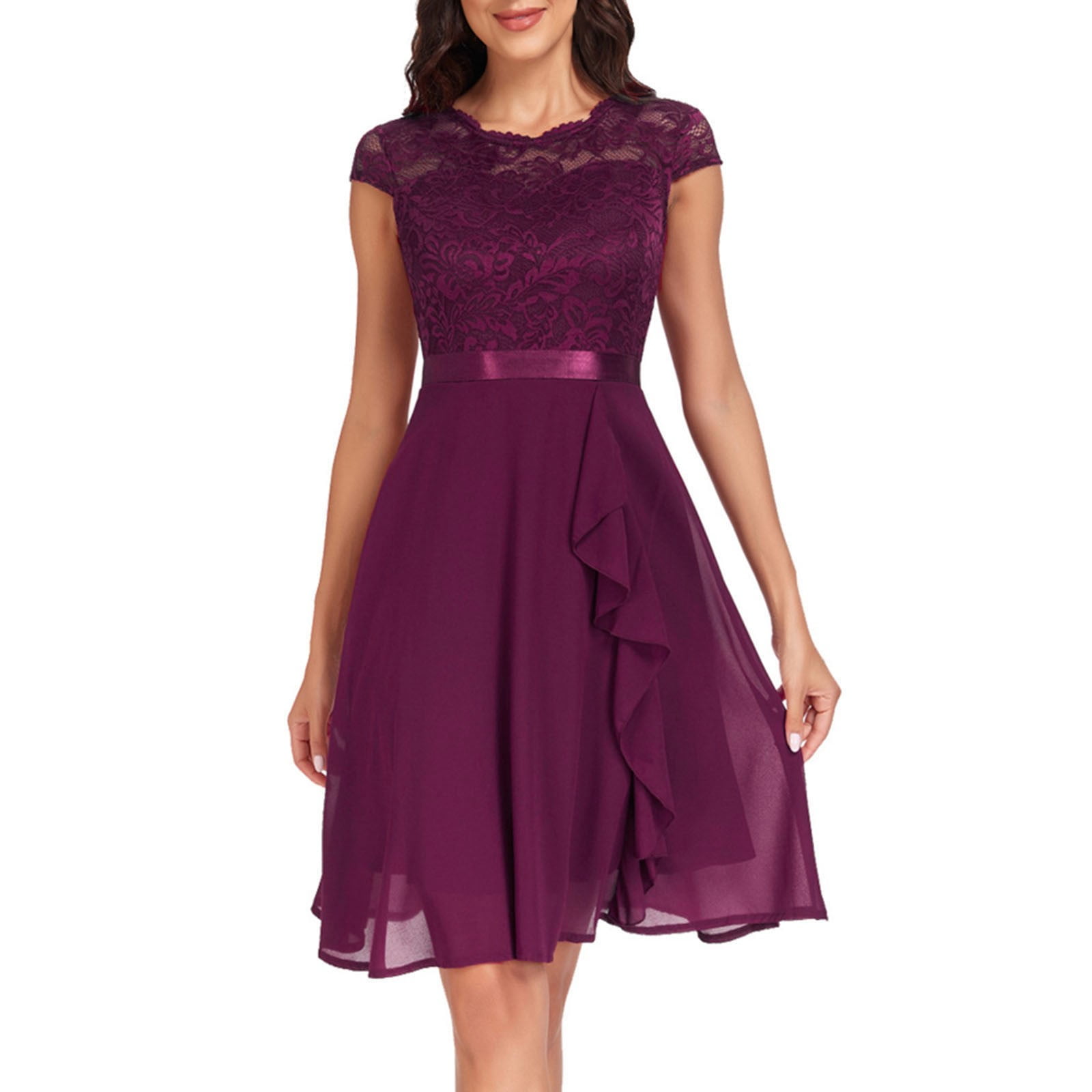 Dpytoraw Women's Short Sleeve Bridal Friend Dress For Wedding Lace Chiffon  Mid Length Formal Evening Dress Purple XXL - Walmart.com