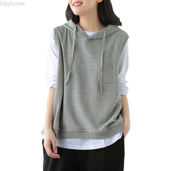 Dpytoraw Women's Sleeveless Hoodie, Solid Drawstring Oversized Pullover for Fall Gray L