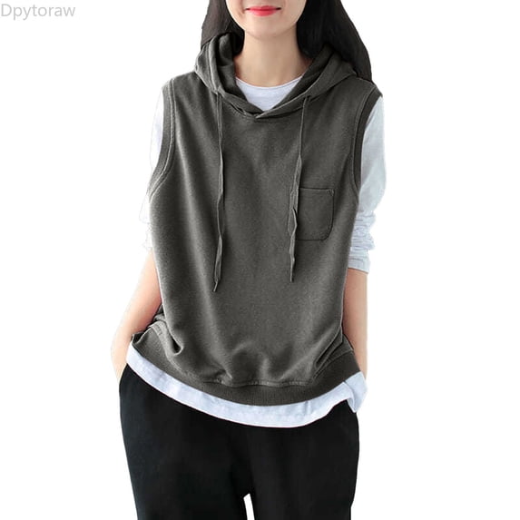 Dpytoraw Women's Sleeveless Hoodie, Solid Drawstring Oversized Pullover for Fall Gray M