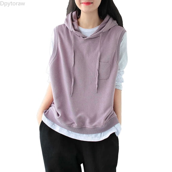 Dpytoraw Women's Sleeveless Hoodie, Solid Drawstring Oversized Pullover for Fall Purple M