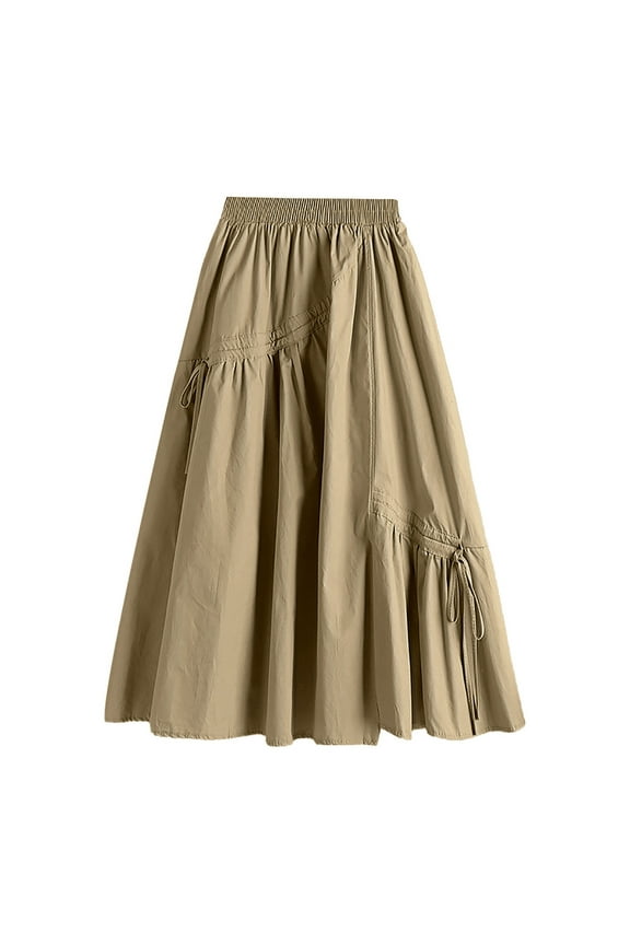 Women's Solid Color Casual Irregular Lacing Medium Length Large Swing A Line Skirt Skirt Khaki One Size