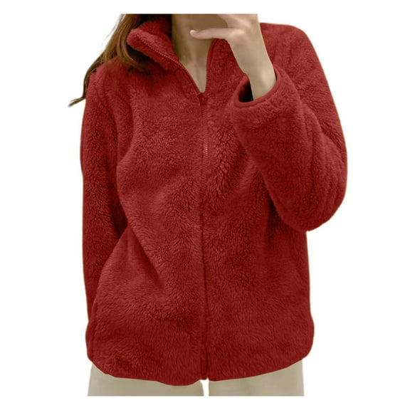 Dpytoraw Women's Solid Color Fleece Jacket Collar Zip Up Cozy Outerwear