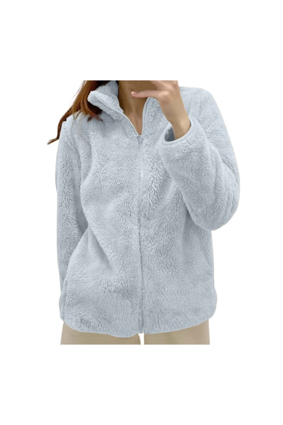 Women's Solid Color Fleece Jacket Collar Zip Up Cozy Outerwear