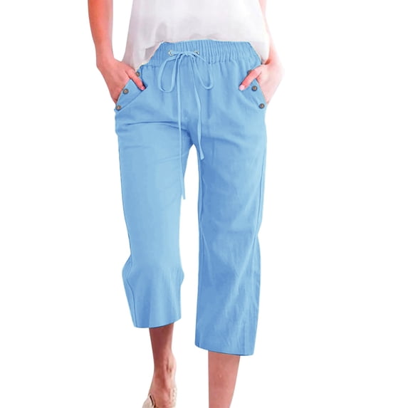 Dpytoraw Women's Solid Color Linen Blend 7/8 Pants Loose Fit Casual Trousers With Pockets Pull-On Casual Pants Women Light Blue XXXL