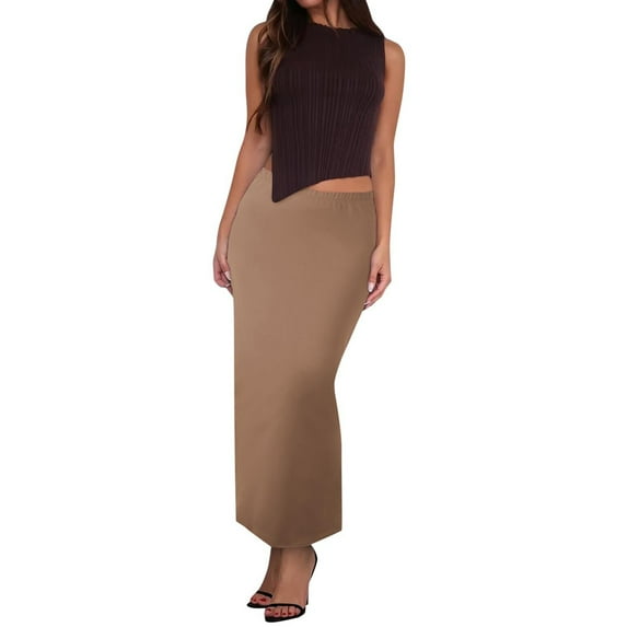 Dpytoraw Women's Solid Color Slim Fit High Waist Thickened Midi Skirt For Casual And Evening Wear Plus Size Bodycon Skirt with Control Top Brown