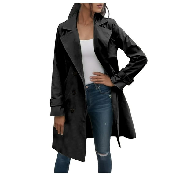 Dpytoraw Women's Solid Color Thin Double Belted Windscreen Coat Loose Casual Windbreaker Coat