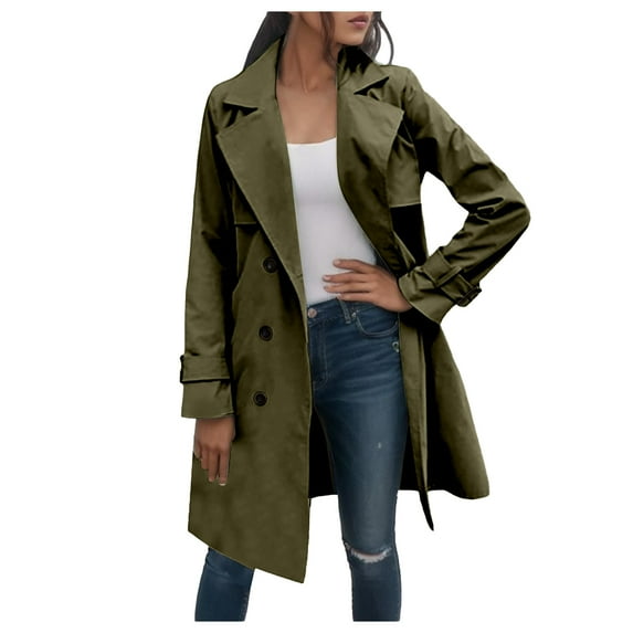 Dpytoraw Women's Solid Color Thin Double Belted Windscreen Coat Loose Casual Windbreaker Coat