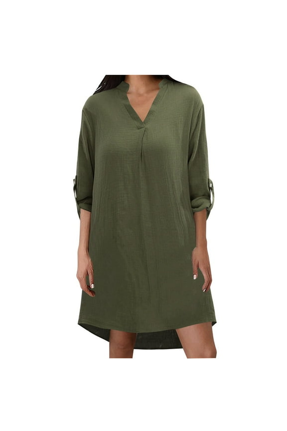 Women's Solid Long Sleeve 3/4 Sleeve Shirt Dress Casual Maxi Button Down Blouse Top