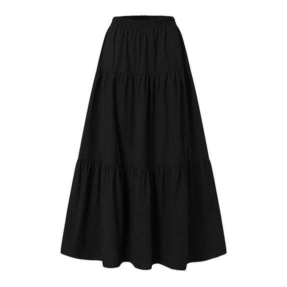 Dpytoraw Women's Spring/Summer Casual High Waist Cotton Linen Solid Pleated Loose Swing Half Length Skirt Black XXXL