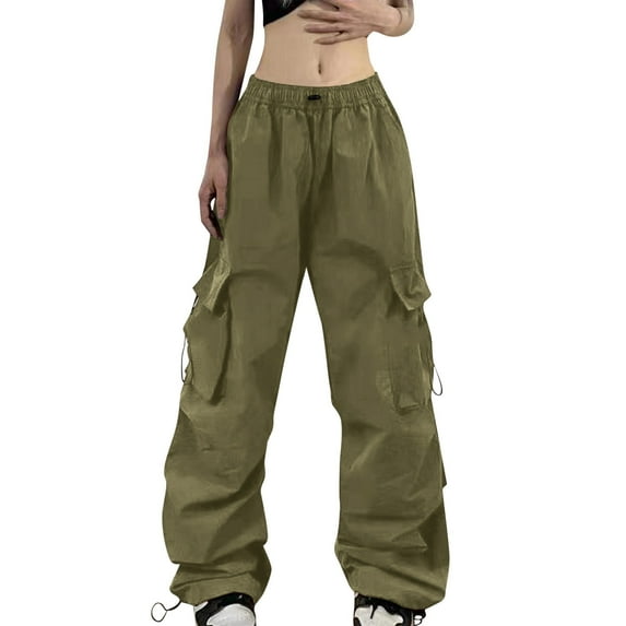 Dpytoraw Women's Summer Cargo Parachute Pants Loose Fit Pocket Vintage Street Style Women's Casual Pants Green L