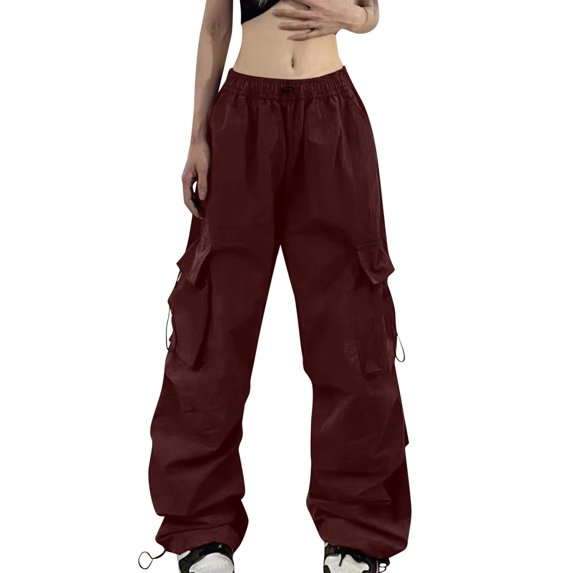 Dpytoraw Women's Summer Cargo Parachute Pants Loose Fit Pocket Vintage Street Style Women's Casual Pants Red L