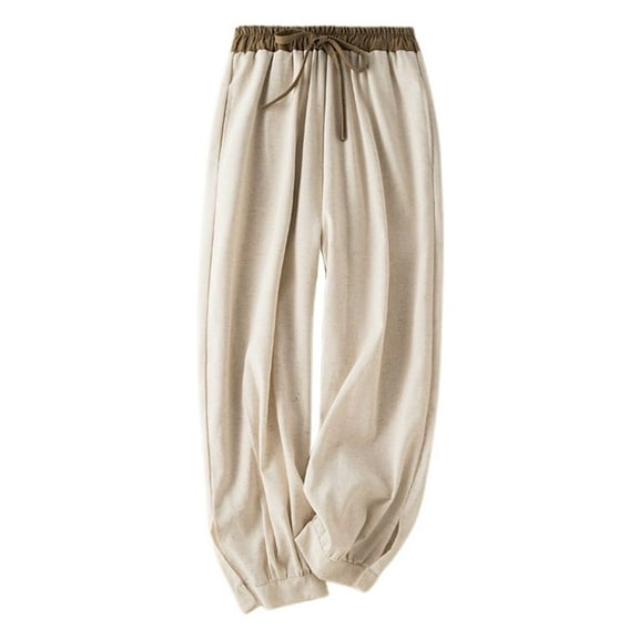 Dpytoraw Women's Summer Color Blocked Lace Up Pockets Elastic Cuffs Minimalist Style Casual Pants Lightweight Casual Pants Women Beige L